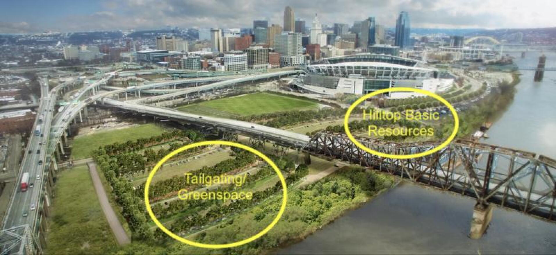 This rendering shows the new placement for Hilltop Basic Resources and space for Bengals tailgating and, in the off-season, greenspace.